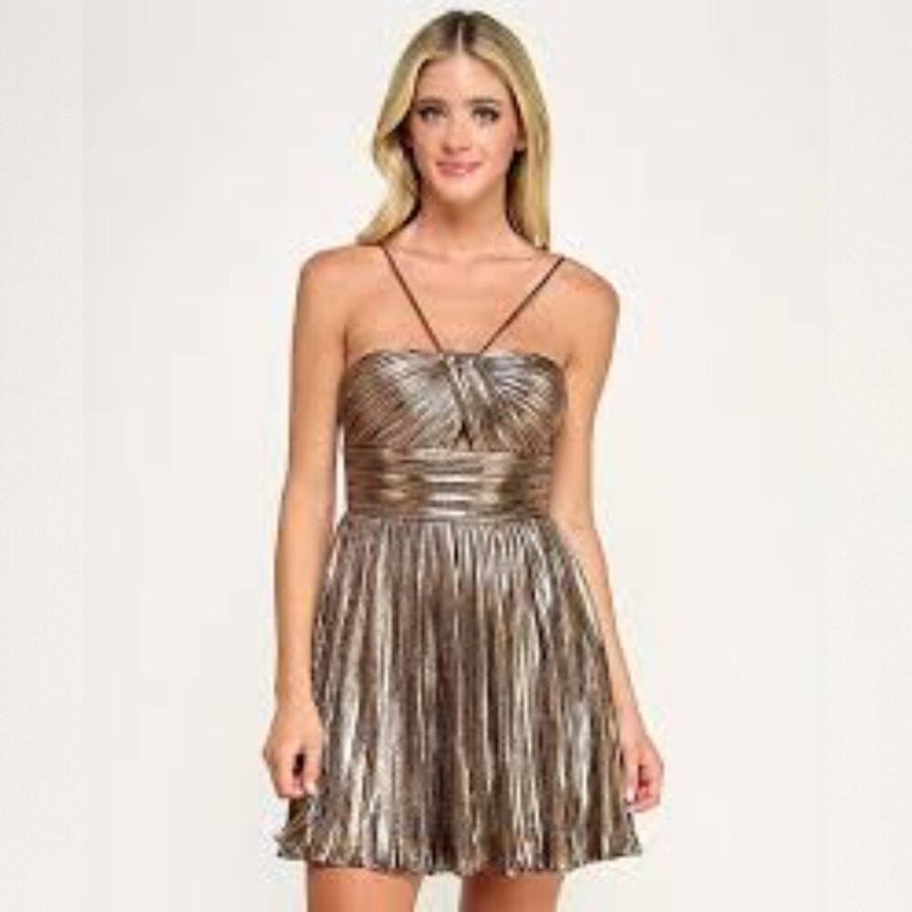 City Studios Gold Pleated Lamé Babydoll Mini Dress - NWT